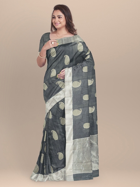 

BharatSthali Charcoal Grey & Beige Pure Silk Woven Design Chanderi Saree