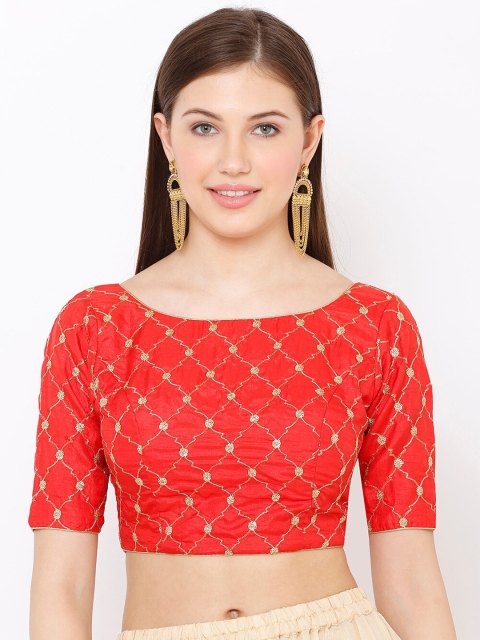 

SALWAR STUDIO Women Red & Gold-Colored Embroidered Readymade Silk Saree Blouse