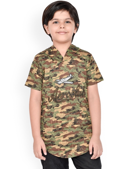 

ORANGE PUMPKKIN Boys Beige & Green Camouflage Print Hood T-shirt