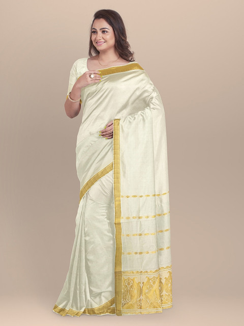 

BharatSthali Cream-Coloured Solid Handloom Pure Cotton Kasavu Saree