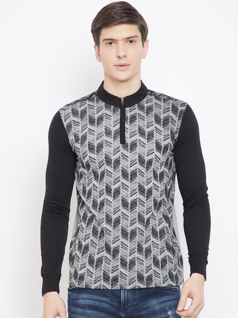 

Adobe Men Grey & Black Printed Mandarin Collar T-shirt