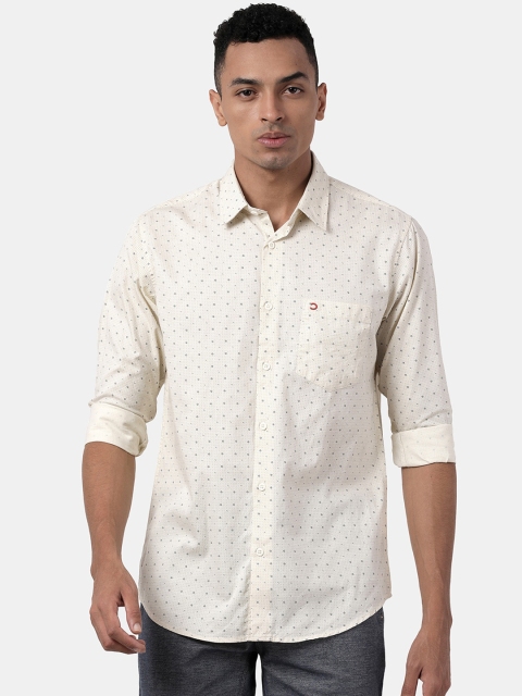 

DERBY JEANS COMMUNITY Men Cream-Coloured Slim Fit Printed Casual Shirt