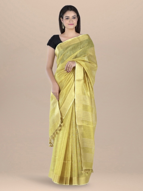 

BharatSthali Gold-Coloured Striped Pure Linen Tissue Handloom Saree