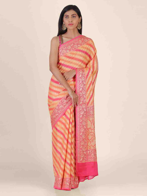 

Shruti and Mangaaysh Orange & Pink Poly Georgette Striped Banarasi Handloom Saree