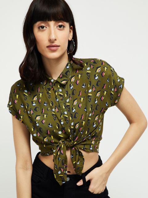 

max Women Olive Green Regular Fit Printed Casual Crop Shirt