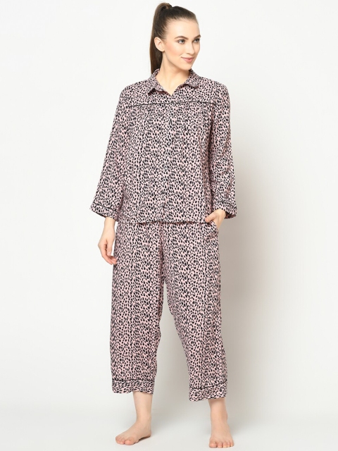 

SQew Women Black & Pink Printed Night Suit With Eye Mask