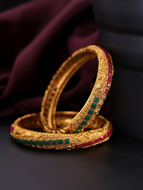 

Yellow Chimes Set Of 2 Gold-Plated Pink & Green Stone Studded Handcrafted bangles