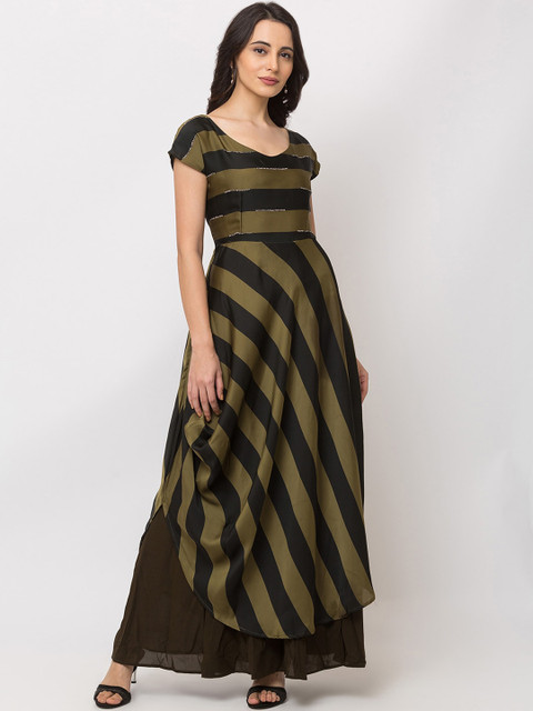 

SHECZZAR Women Olive Green Striped Fit and Flare Dress