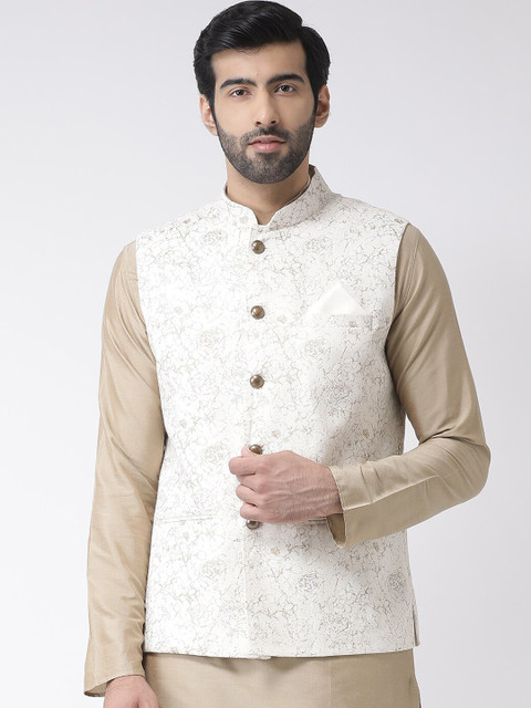 

Vartah Men Cream-Coloured & Gold-Toned Coloured Printed Nehru Jacket