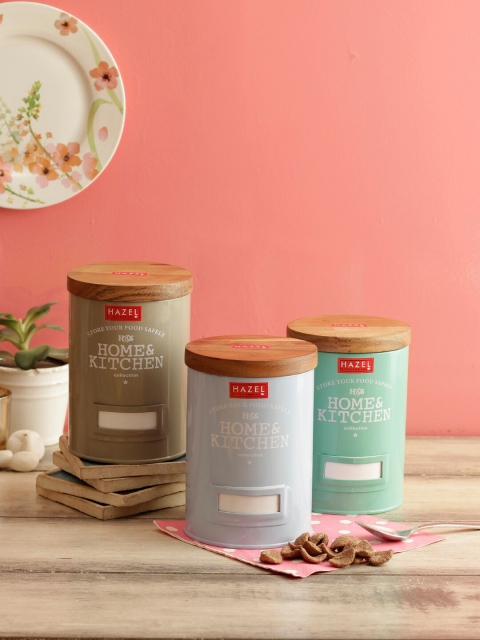

HAZEL Set Of 3 Round Grocery Storage Containers With Wooden Lid, Blue