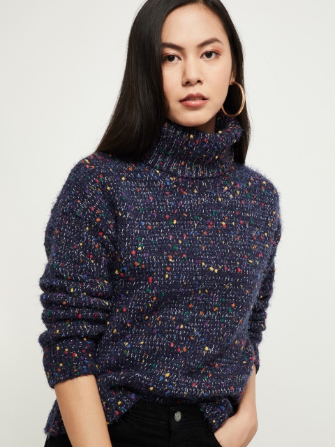 

max Women Navy Blue Self-Design Pullover Sweater