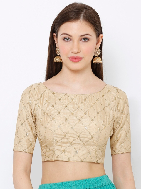 

SALWAR STUDIO Women Beige & Gold-Colored Embroidered Readymade Saree Blouse