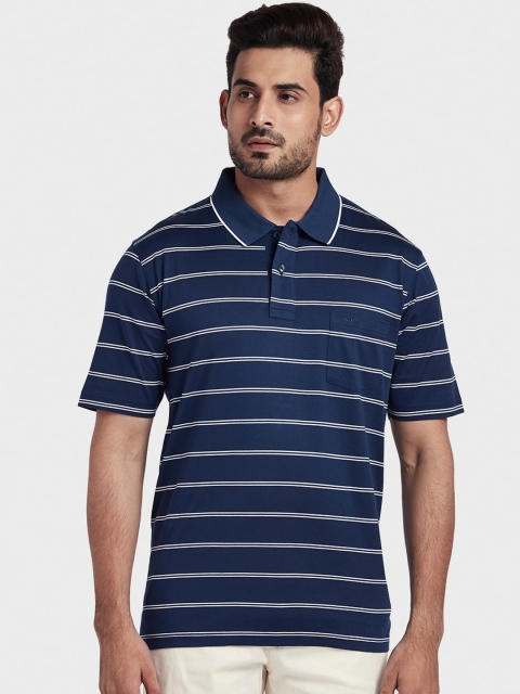 

ColorPlus Men Navy Blue & Off-White Striped Polo Collar T-shirt