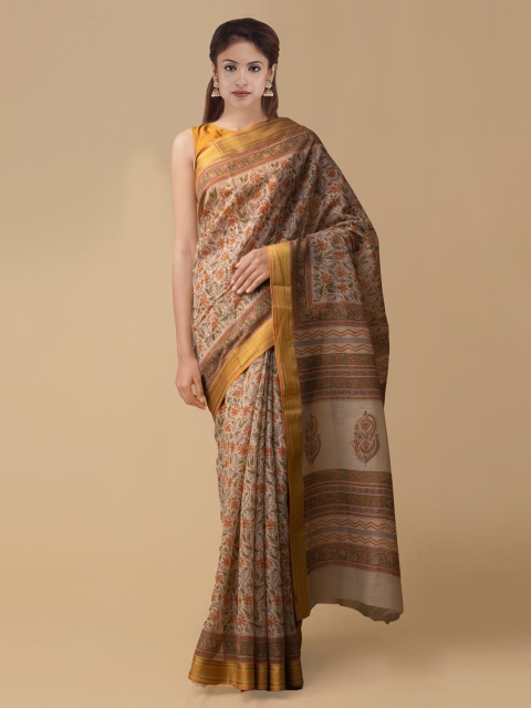 

Unnati Silks Brown Cotton Blend Printed Chanderi Saree