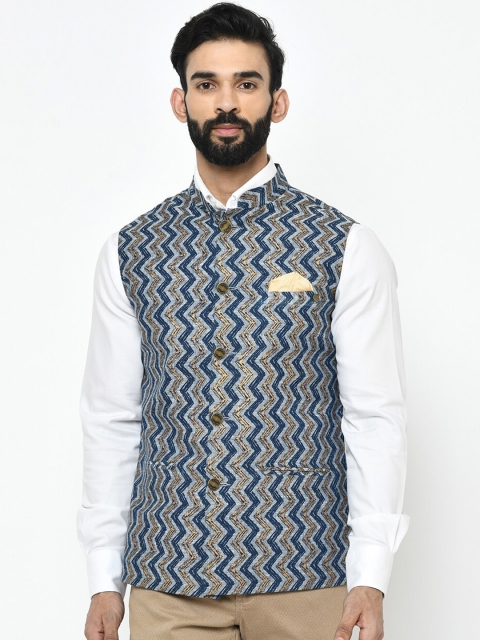 

Vartah Men Blue & Beige Chevron Shape Woven-Design Nehru Jacket