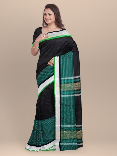 

BharatSthali Black & Green Pure Linen Striped Bhagalpuri Sustainable Saree