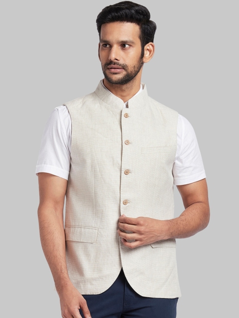 

Parx Men Cream-Coloured Solid Linen Nehru Jacket