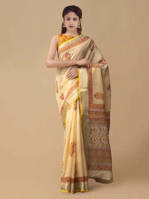 

Unnati Silks Yellow & Brown Pure Linen Floral Printed Chanderi Handloom Saree