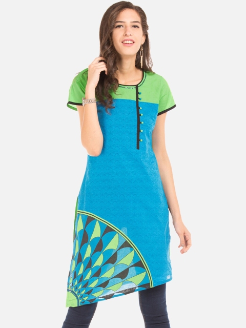 

Karigari Women Green & Blue Colourblocked Straight Kurta