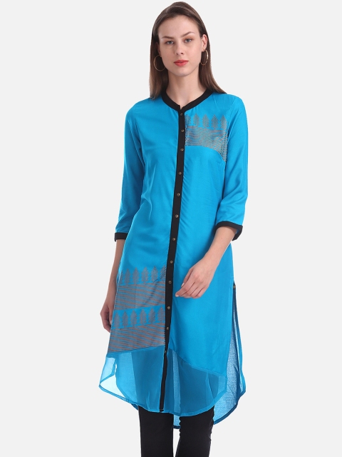 Karigari Women Blue & Pink Printed A-Line Kurta
