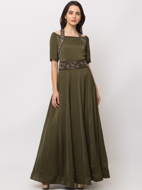 

SHECZZAR Women Olive Green Solid Fit and Flare Dress