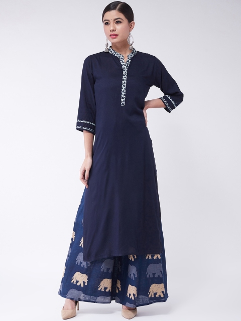 

InWeave Women Navy Blue & Off-White Solid Kurta with Sharara