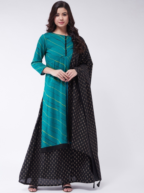 

InWeave Women Green & Black Printed Kurta with Skirt & Dupatta