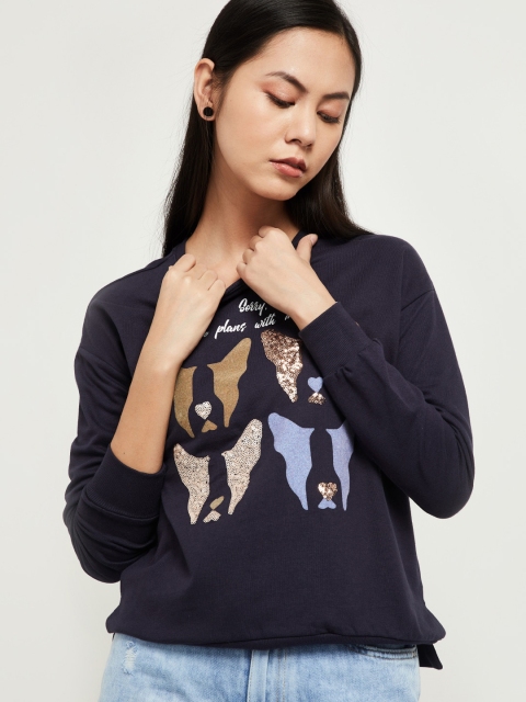 

max Women Navy Blue Printed Sweatshirt