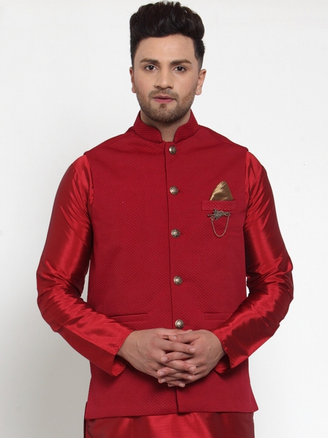 

Jompers Men Maroon Woven Design Nehru Jacket