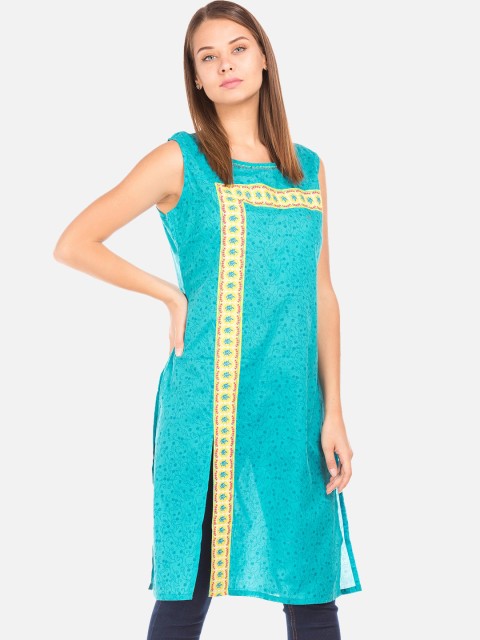 

Karigari Women Turquoise Blue Printed Straight Kurta