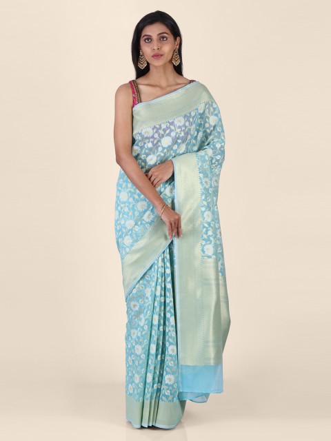 

Shruti and Mangaaysh Blue & White Silk Blend Woven Design Banarasi Handloom Saree