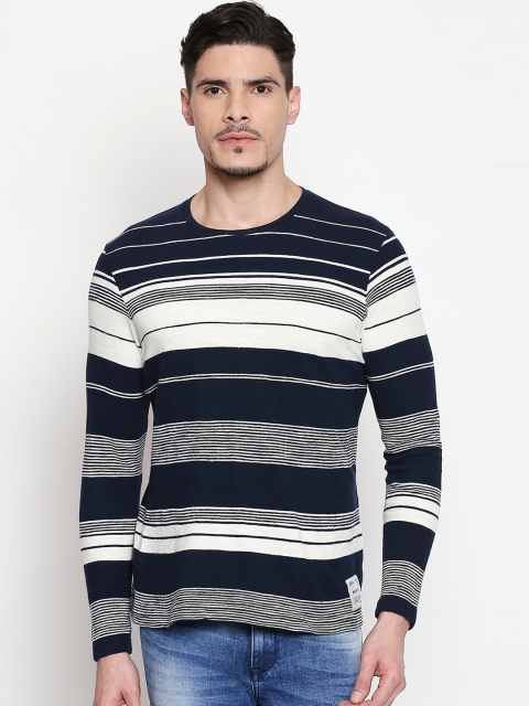 

Mufti Men Navy Blue & Off-White Striped Round Neck Slim Fit T-shirt