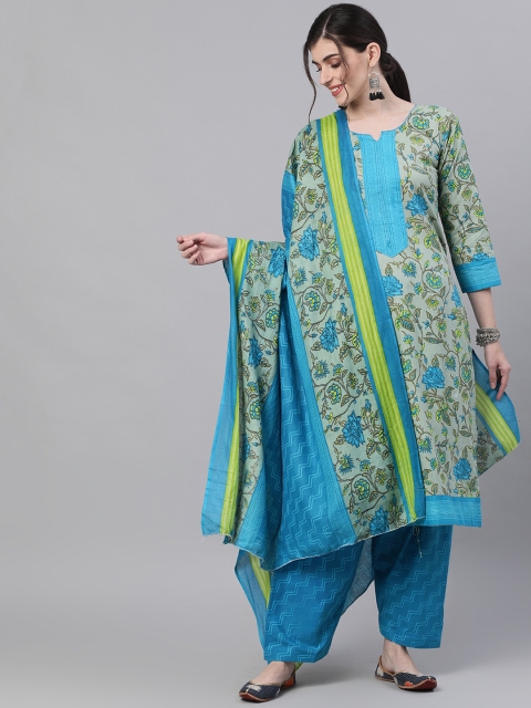 

Ishin Women Olive Green & Blue Printed Kurta with Salwar & Dupatta