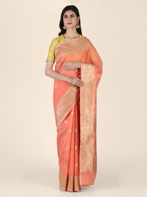

Shruti and Mangaaysh Peach-Coloured Silk Blend Woven Design Handloom Banarasi Saree