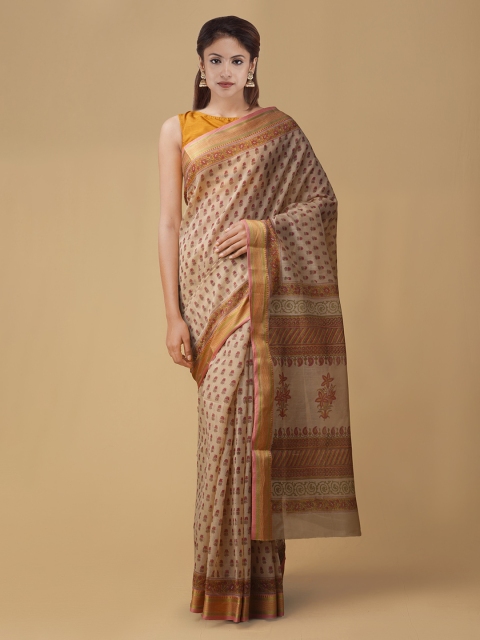 

Unnati Silks Brown Cotton Blend Printed Chanderi Saree