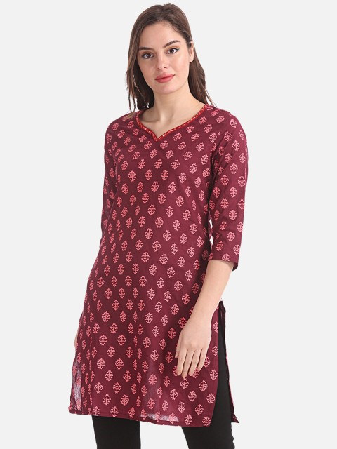 

Karigari Women Maroon Printed Straight Kurta
