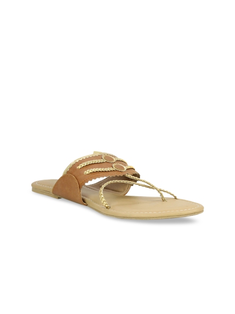 

Inc 5 Women Tan Brown & Gold-Toned Open Toe Flats