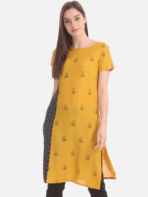 

Karigari Women Yellow & Black Printed A-Line Kurta