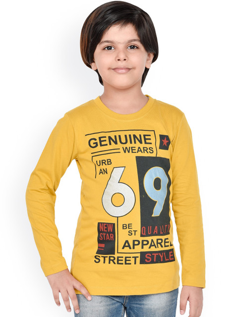 

ORANGE PUMPKKIN Boys Mustard Yellow & Black Printed Round Neck T-shirt