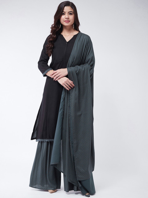 

InWeave Women Black & Grey Solid Kurta with Sharara & Dupatta