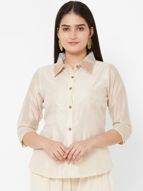 

Vedic Women Beige Slim Fit Solid Casual Shirt