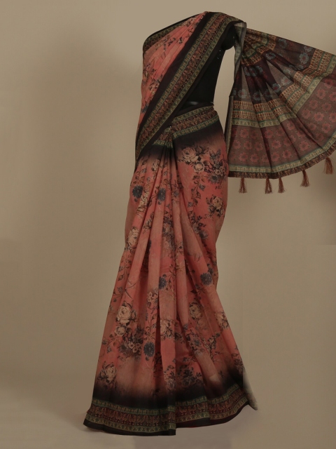 

Pothys Peach-Coloured & Black Cotton Blend Printed Chanderi Saree