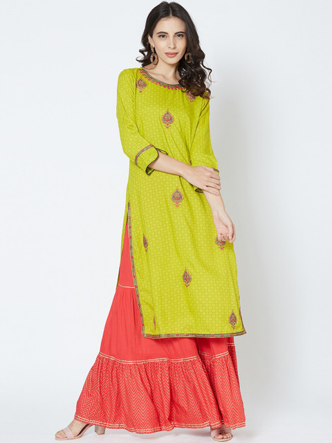 

FASHOR Women Green & Peach Coloured Embroidered Kurta with Sharara