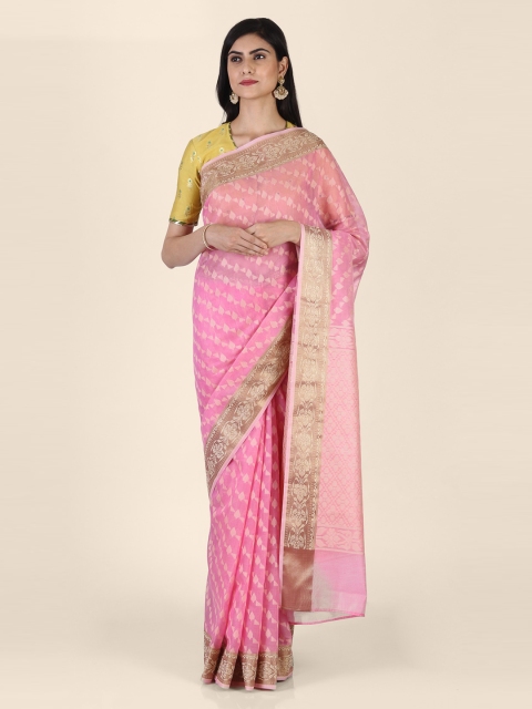 

Shruti and Mangaaysh Pink Silk Blend Printed Handloom Banarasi Saree
