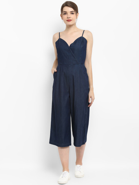 

FOSH Women Navy Blue Self Design Capri Jumpsuit