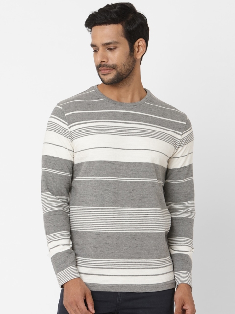 

Mufti Men Grey Melange & Off-White Striped Round Neck Slim Fit T-shirt
