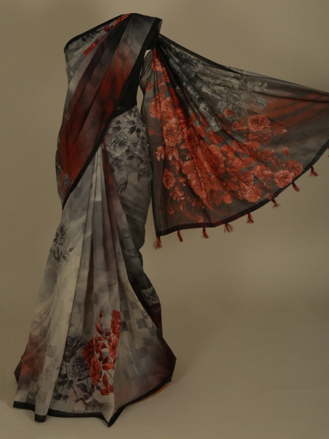 

Pothys Grey & Red Cotton Blend Printed Chanderi Saree
