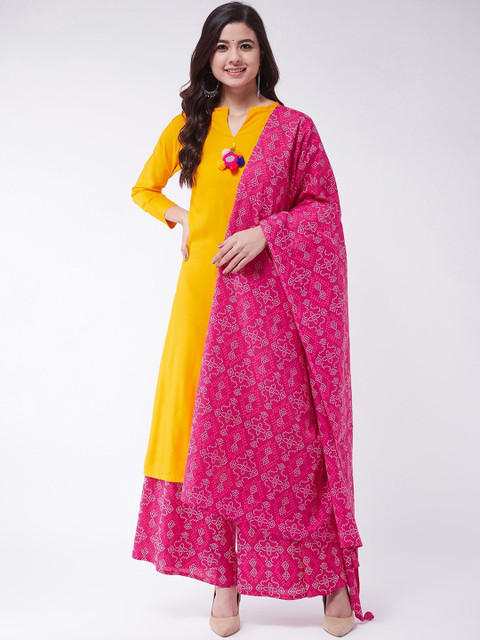 

InWeave Women Mustard Yellow & Pink Solid Kurta with Palazzos & Dupatta