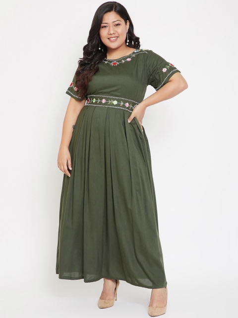 

CHROME & CORAL Women Olive Green Embroidered Maxi Dress