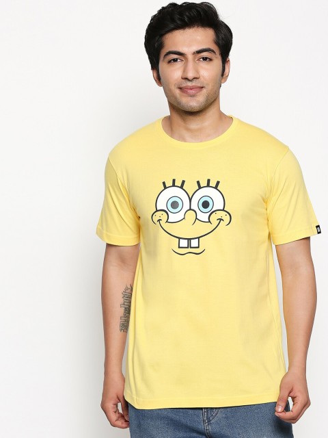 

The Souled Store Unisex Yellow SpongeBob Slim Fit Printed Bio-Washed Round Neck Pure Cotton T-shirt